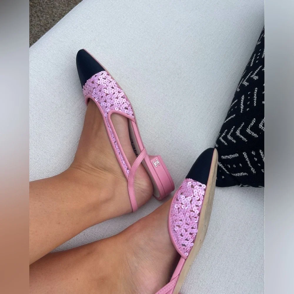 CHANEL Slingbacks Pink/Black Sequin Sofia Richie 23C With Box - Picture 10 of 15